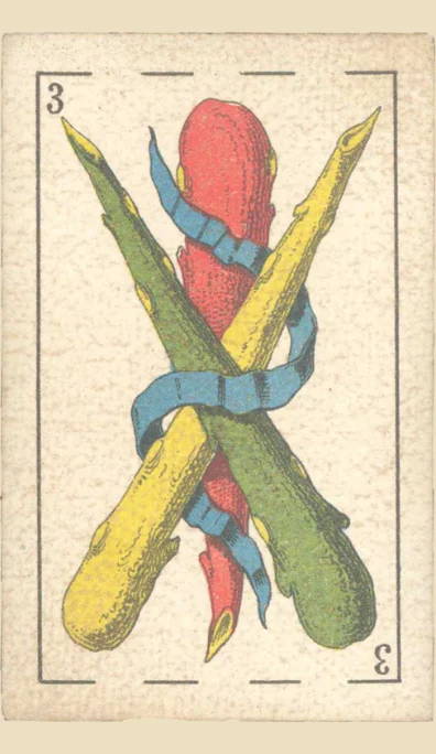 Tres de Bastos – Tarot gitano (baraja española de Fournier)