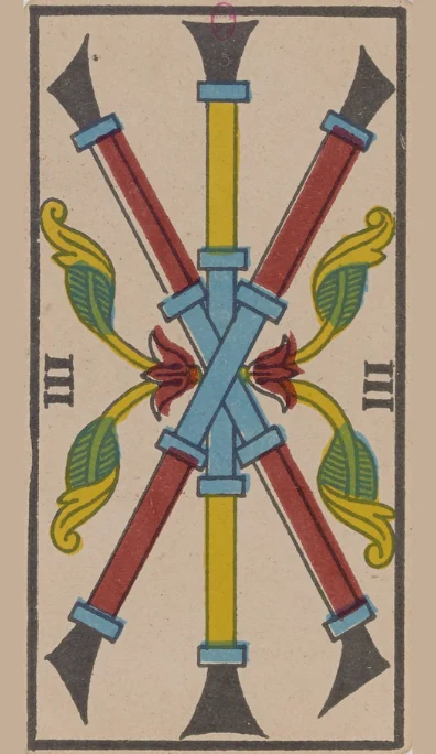 Tres de Bastos – Tarot de Marsella de Lequart
